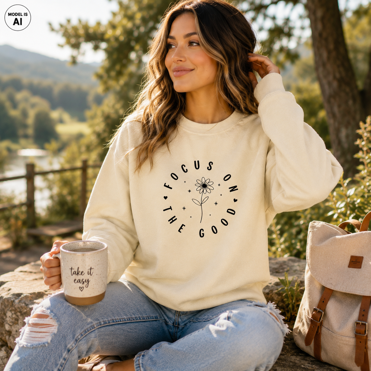 A woman sitting outdoors by a lake wears a cream sweatshirt with a black circular graphic that reads 'FOCUS ON THE GOOD' around a flower illustration. She holds a mug and wears ripped blue jeans, with a beige backpack beside her.