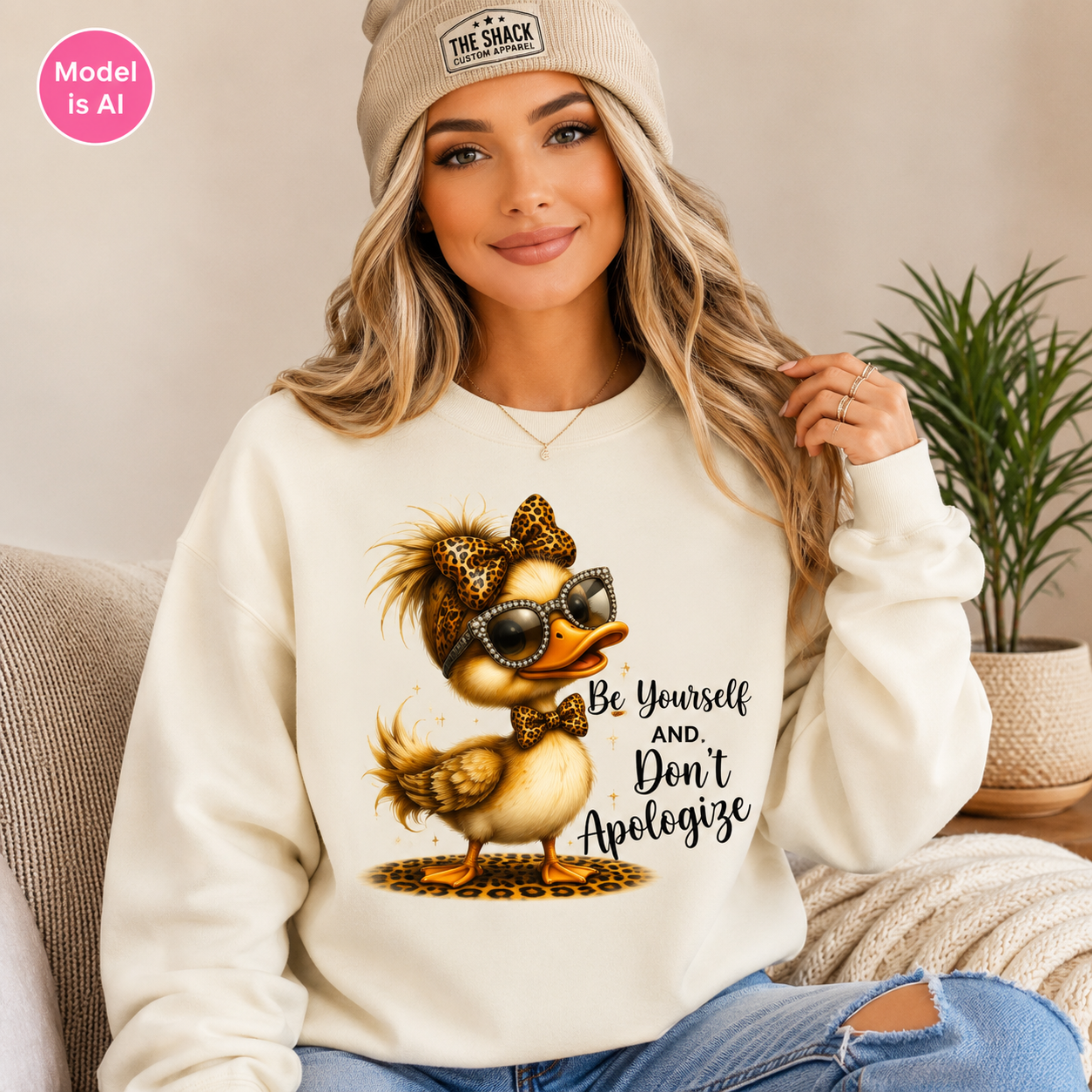 A woman wearing a cream-colored sweatshirt with a graphic of a duck wearing sunglasses and a bow tie, with the text 'Be Yourself And Don't Apologize'. She is also wearing a beige beanie and blue jeans, sitting on a couch next to a potted plant.