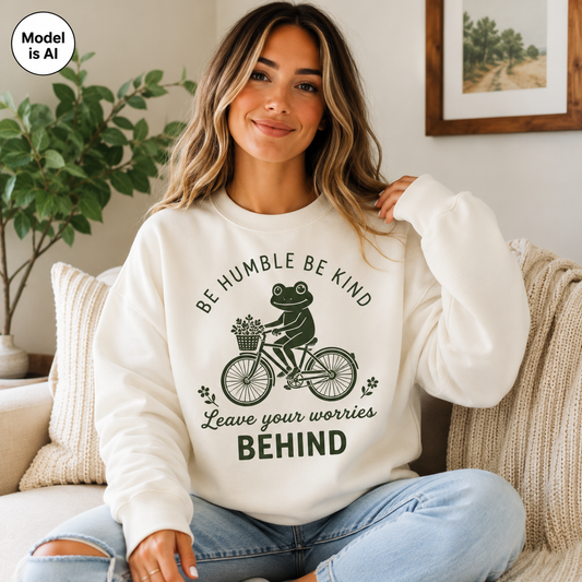 A woman sitting on a couch wearing a cream-colored sweatshirt with a dark green graphic of a frog riding a bicycle and the text 'BE HUMBLE BE KIND Leave your worries BEHIND'.
