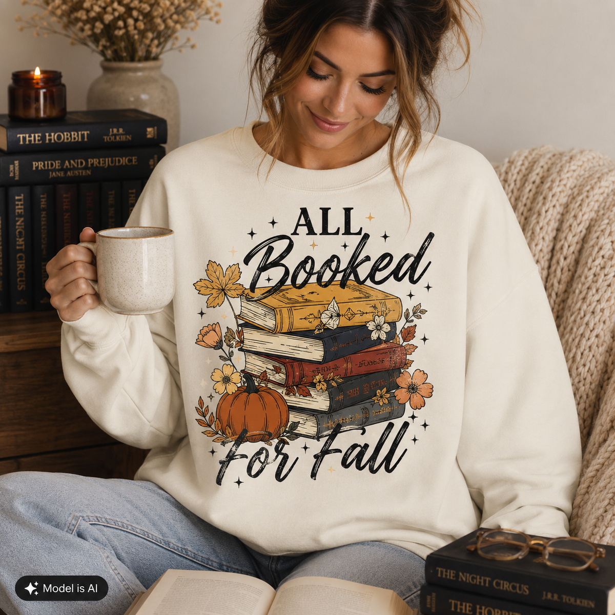 Woman wearing an Off White Fall Book Lover Sweatshirt with All Booked for Fall books and pumpkin graphic while holding a coffee mug.