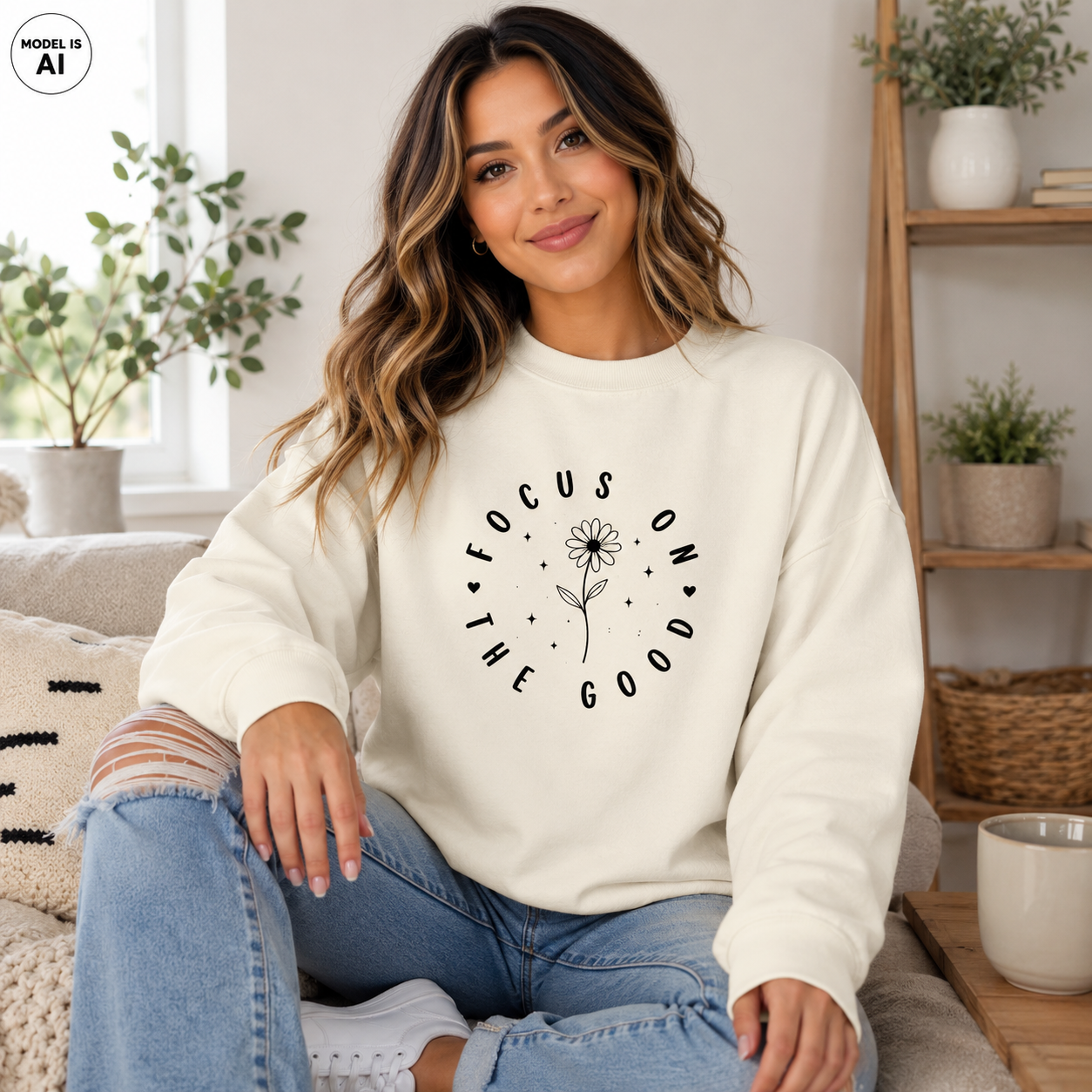 A woman wearing a cream-colored crewneck sweatshirt with a black graphic that reads 'FOCUS ON THE GOOD' surrounding a flower illustration, paired with light blue jeans, sitting on a couch in a cozy room setting.