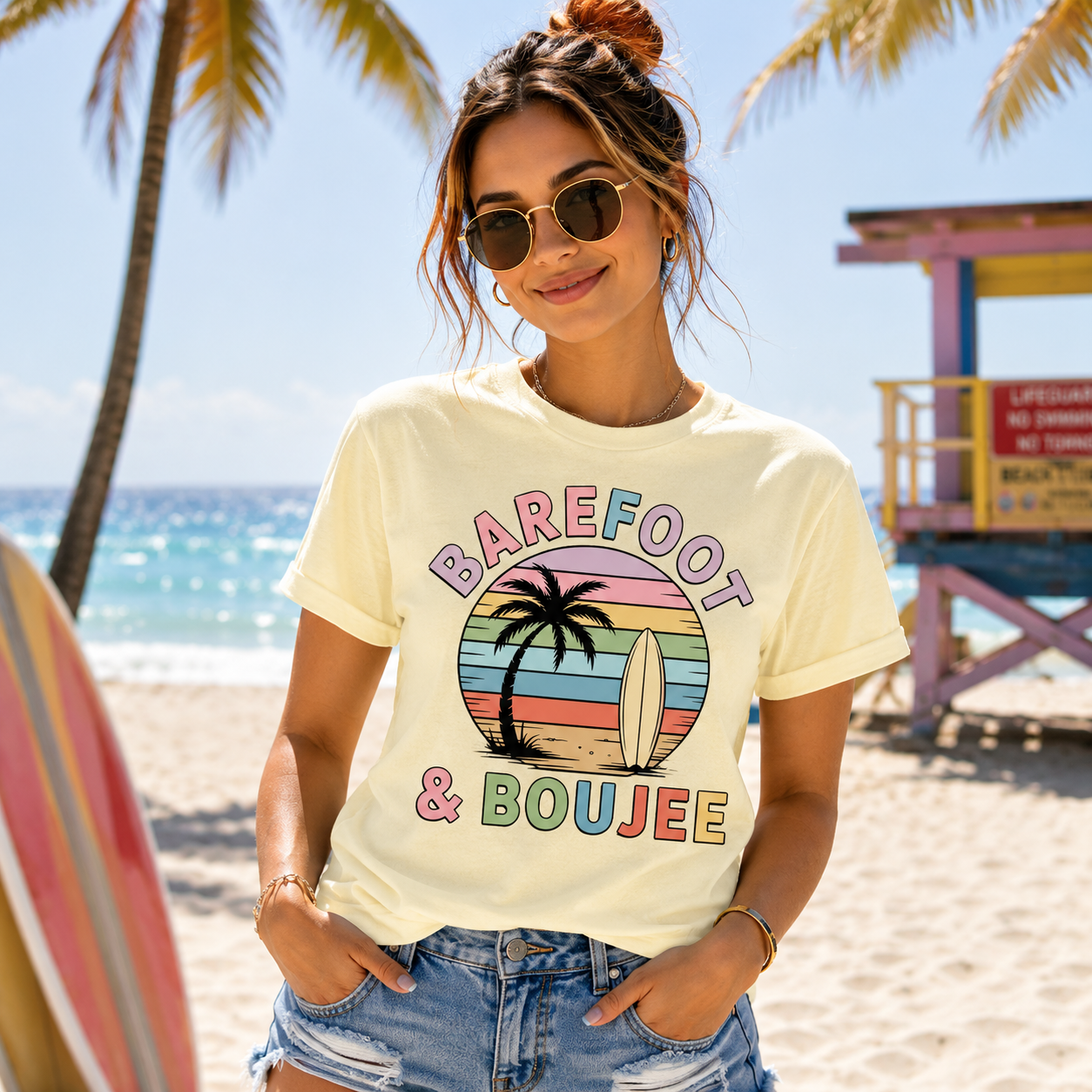 Woman wearing a 'Barefoot & Boujee' t-shirt on a beach with palm trees and ocean in the background.