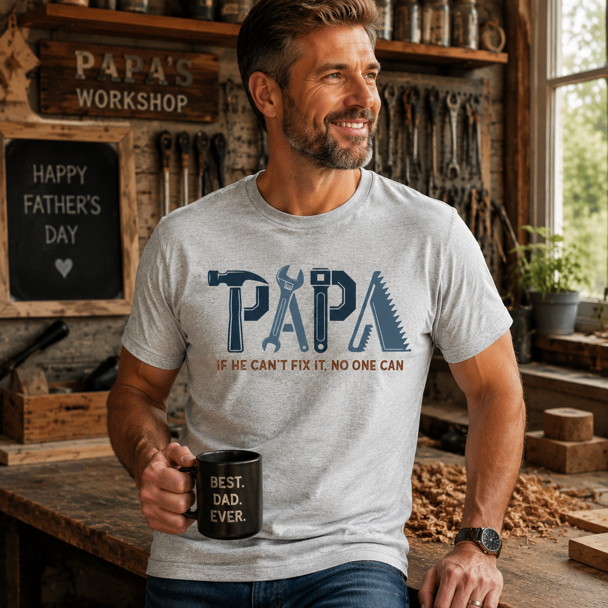 Man wearing a t-shirt with 'PAPA IF HE CAN'T FIX IT, NO ONE CAN' text in a workshop setting.