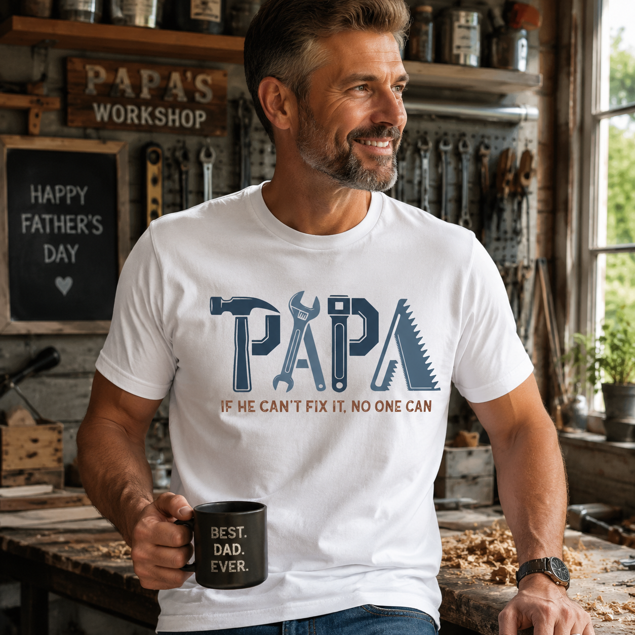 Man wearing a white t-shirt with 'PAPA' design, holding a mug in a workshop setting. The Scoobie Shack.