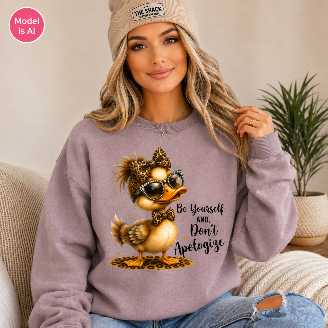 A woman wearing a lavender crewneck sweatshirt with a graphic of a stylish cartoon duck wearing sunglasses and a leopard print hat, sitting on a couch next to a potted plant. A pink 'Model is AI' badge is in the top-left corner.