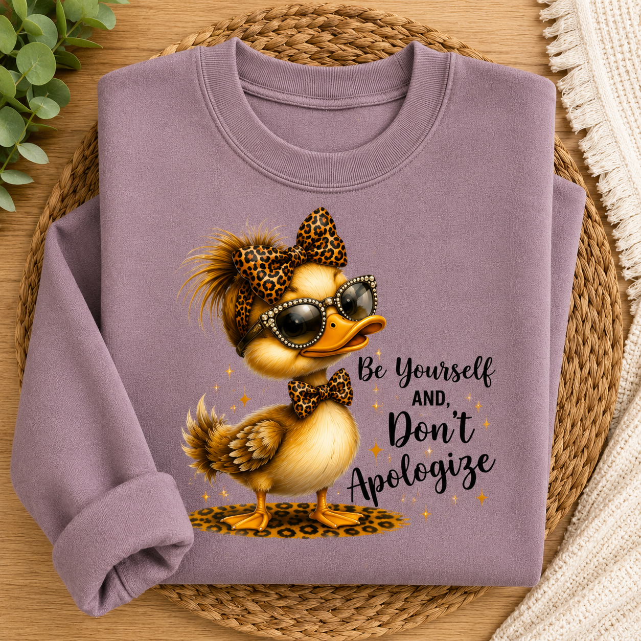 A folded lavender crewneck sweatshirt displayed on a woven placemat over a wooden surface. The sweatshirt features a graphic of a cute cartoon duck wearing leopard-print sunglasses, a matching bow tie, and a leopard-print headband, next to the text 'Be Yourself AND, Don't Apologize'.
