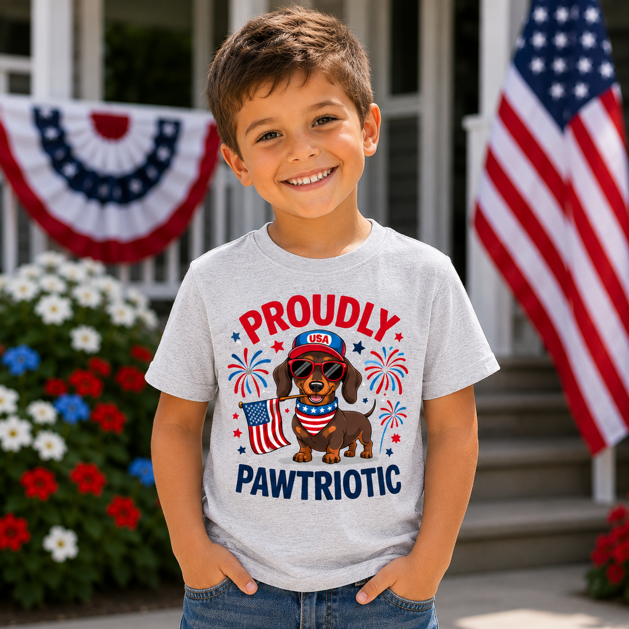 Child wearing a 'Proudly Pawtriotic' t-shirt with a dachshund graphic in front of an American flag and floral decorations.