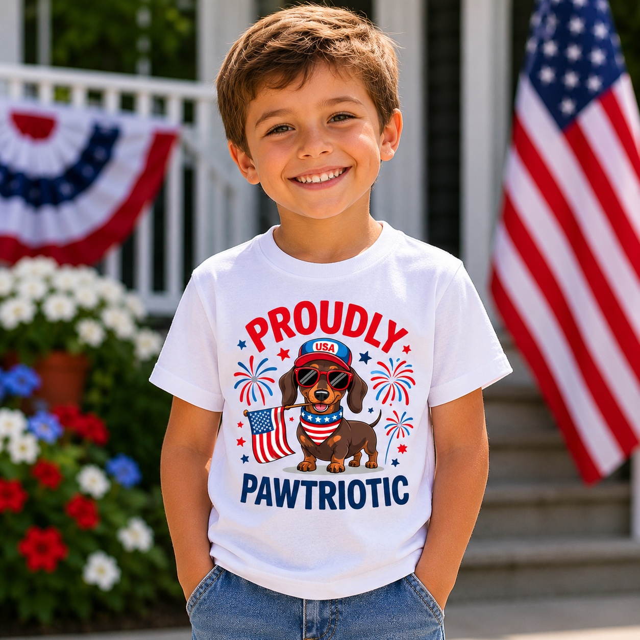 Child wearing a 'Proudly Pawtriotic' t-shirt with a dog graphic in front of an American flag and flowers.