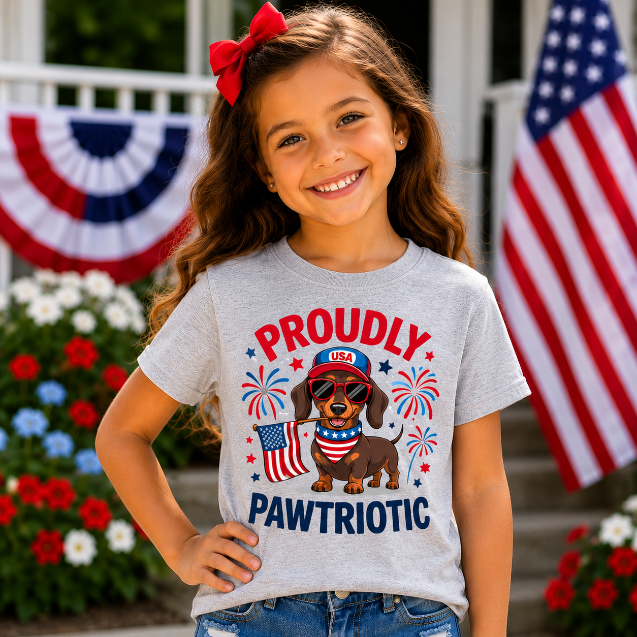 Young girl wearing a 'Proudly Pawtriotic' t-shirt with a dog graphic in front of an American flag and floral decorations.