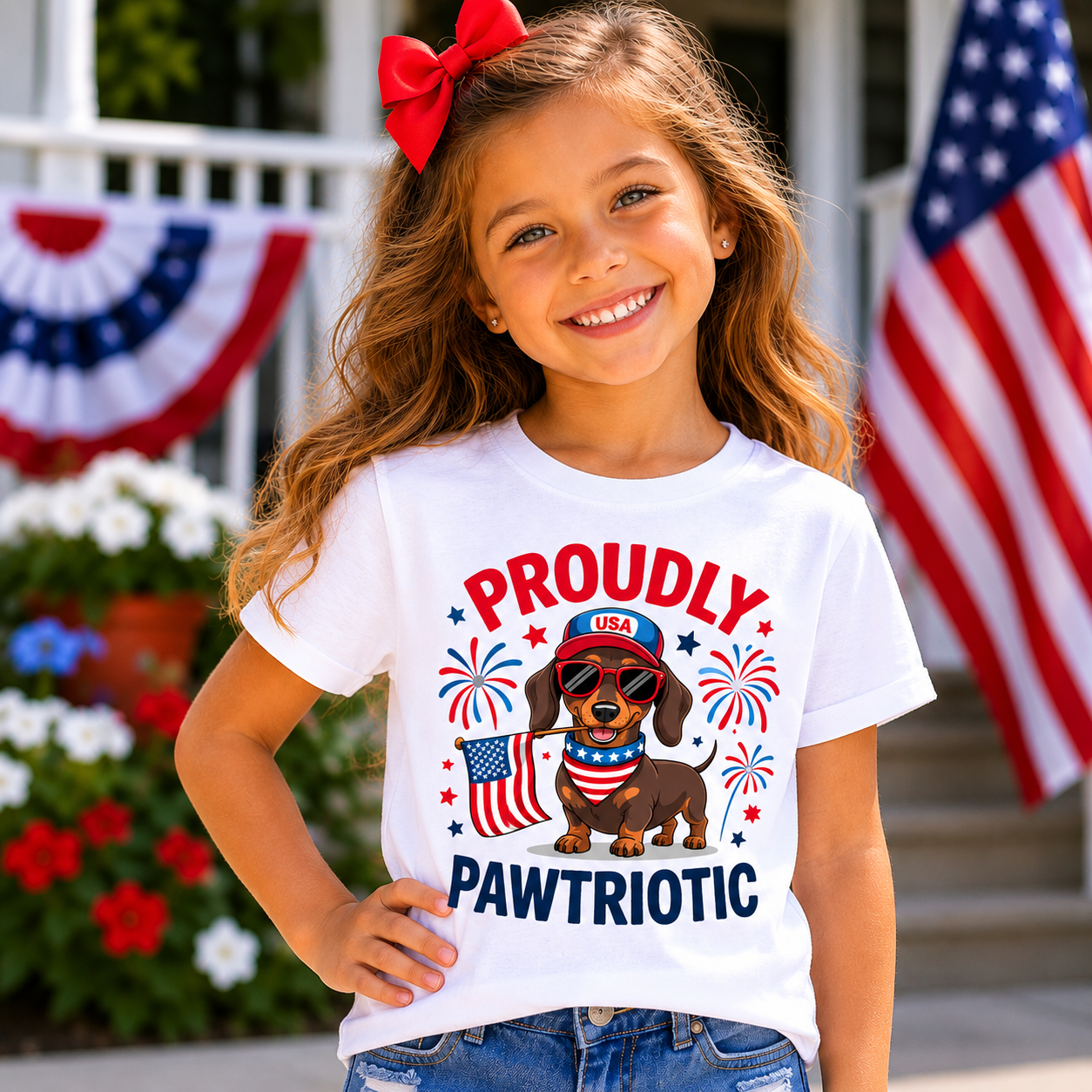 Young girl wearing a 'Proudly Pawtriotic' t-shirt with a dog graphic in front of an American flag and floral decorations.