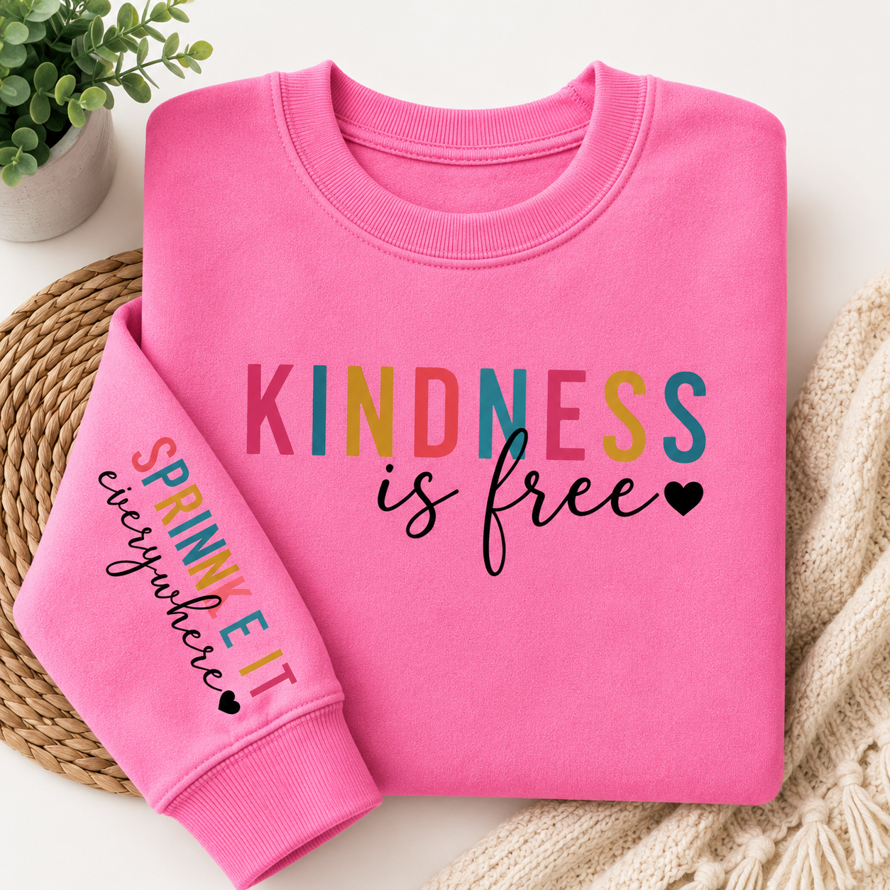 A folded bright pink sweatshirt with a colorful and black text graphic reading 'KINDNESS is free' and 'SPRINKLE IT everywhere' on the sleeve, styled on a woven mat with a plant and cream knit fabric.