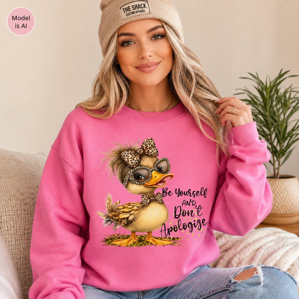 A woman wearing a bright pink crewneck sweatshirt with a cartoon duck graphic and the text 'Be Yourself And Don't Apologize'. She is also wearing a beige beanie with 'THE SHACK CUSTOM BRUSHES' logo.