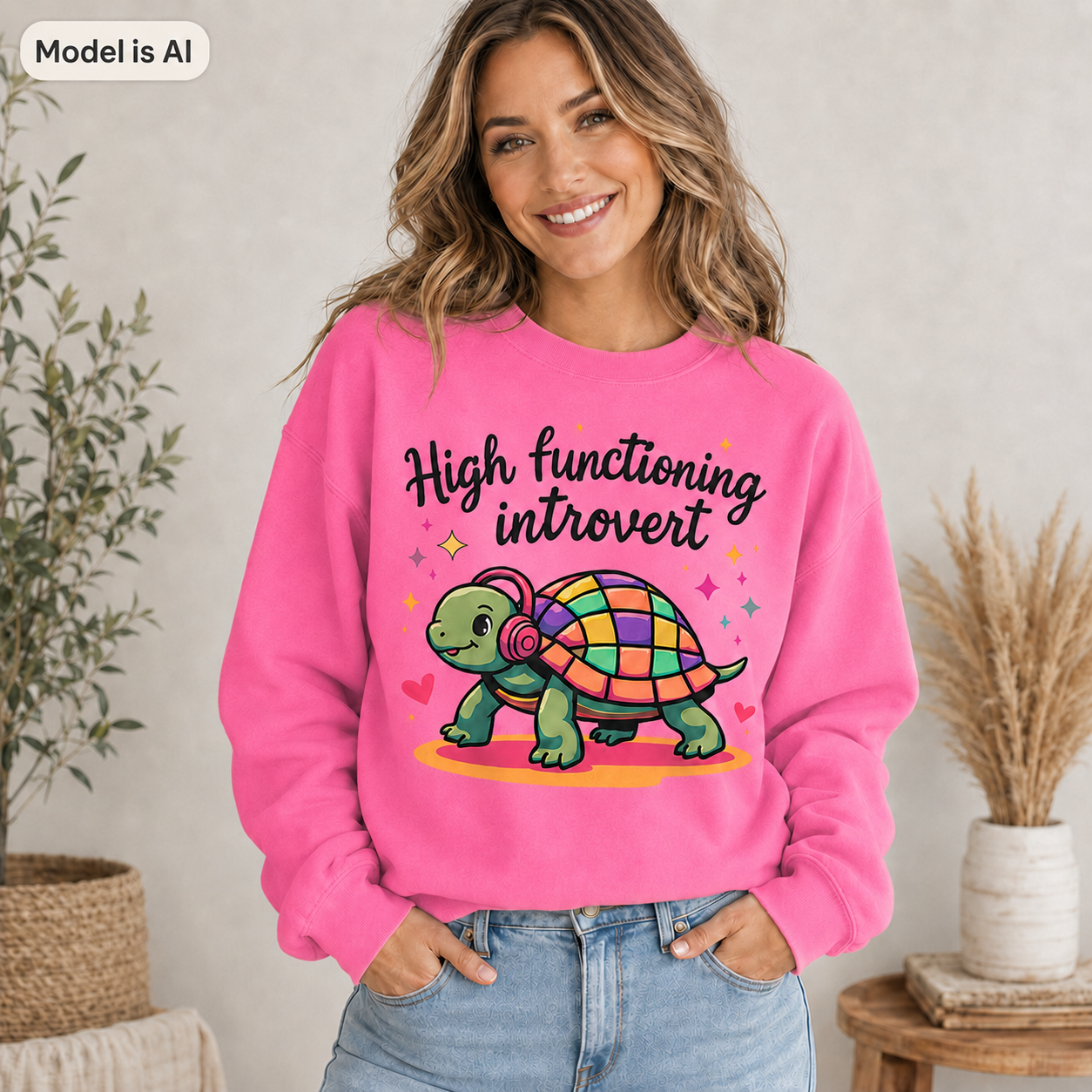 A woman wearing a bright pink sweatshirt with a colorful cartoon turtle and the text 'High functioning introvert' on the front, paired with light blue jeans in a styled indoor setting.