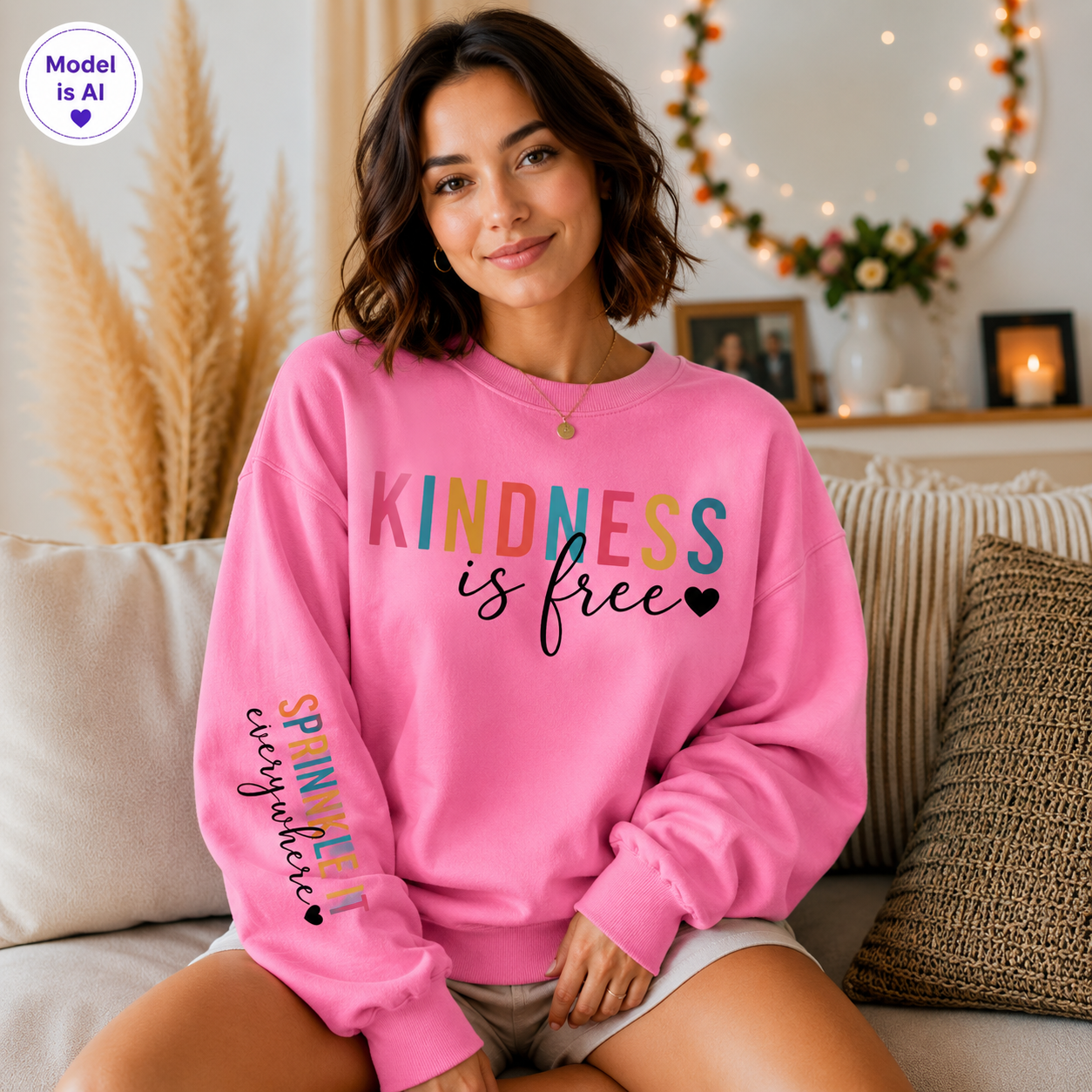 A woman sitting on a couch wearing a bright pink sweatshirt with the text 'KINDNESS is free' across the chest and 'SPIN ME EVERYWHERE' printed on the sleeve. The background shows a cozy living room setting with warm lighting and home decor.