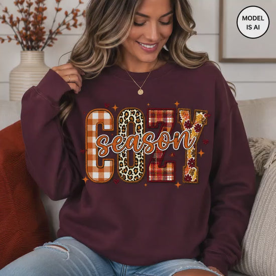 Cozy Season Sweatshirt, Women's Fall Sweaters, Fall Graphic Tee, Women Fall Shirt, Patchwork Fall Season Shirt, Sweater Weather