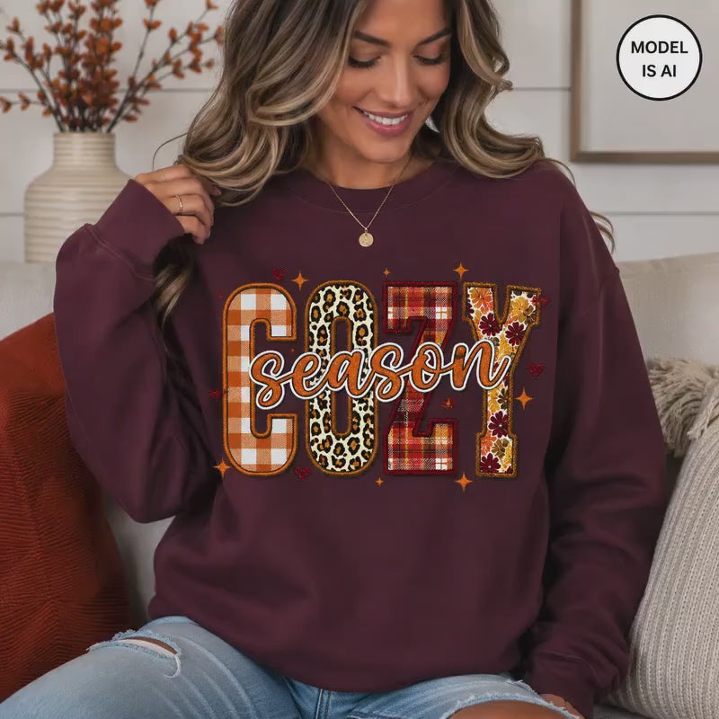 Cozy Season Sweatshirt, Women's Fall Sweaters, Fall Graphic Tee, Women Fall Shirt, Patchwork Fall Season Shirt, Sweater Weather