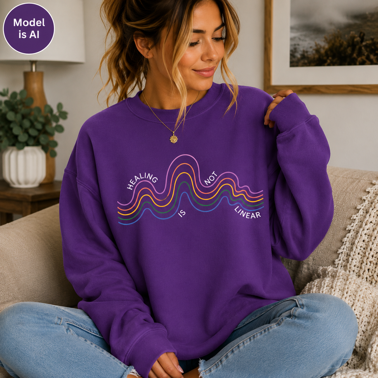 A woman sitting on a beige couch wearing a purple crewneck sweatshirt with a colorful wavy graphic and the text 'HEALING IS NOT LINEAR'.