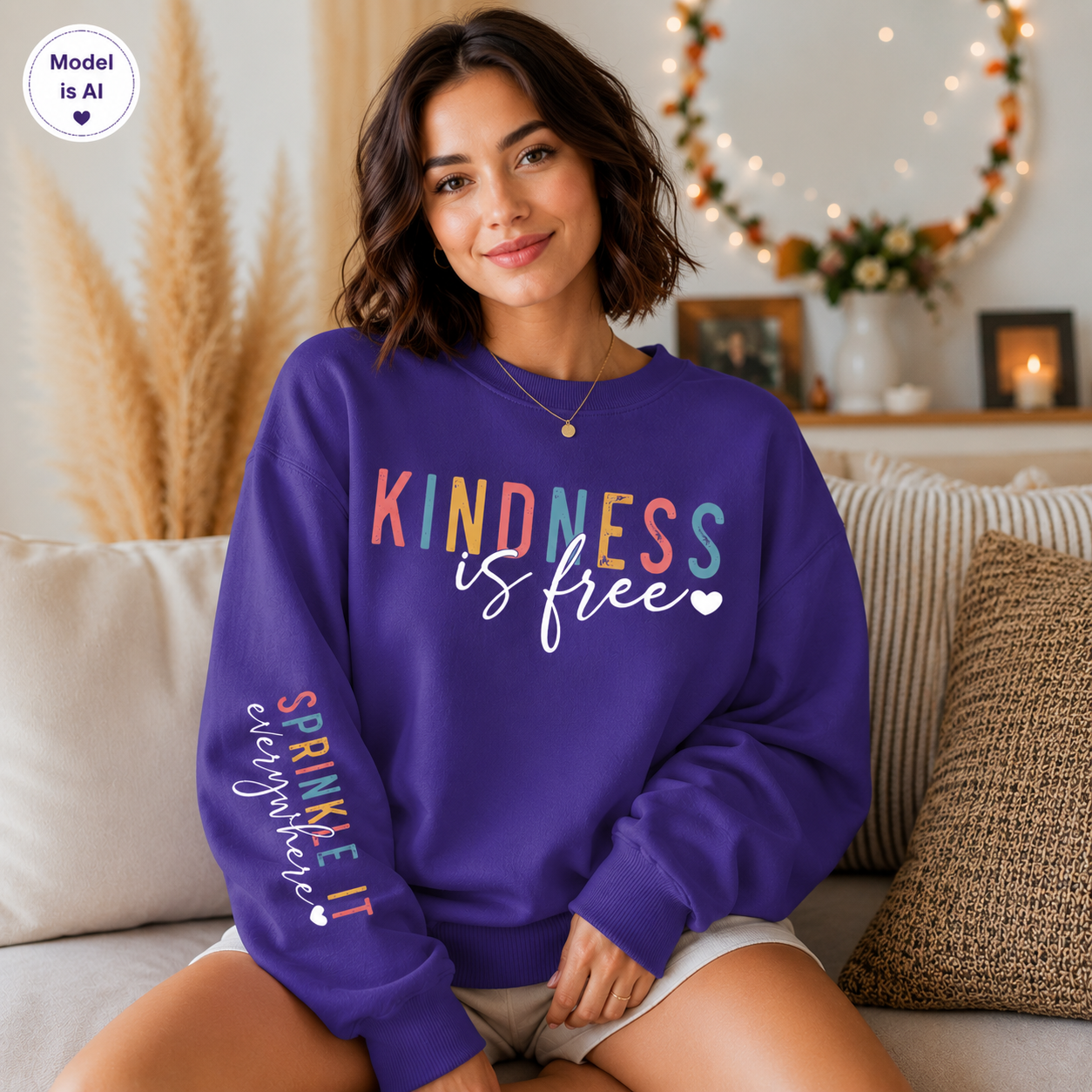 A woman sitting on a couch wearing a purple sweatshirt with the text 'KINDNESS is free' in multicolor and white lettering, along with 'SPRINKLE IT everywhere' on the sleeve. The background shows a cozy living room setting with warm lighting and home decor.