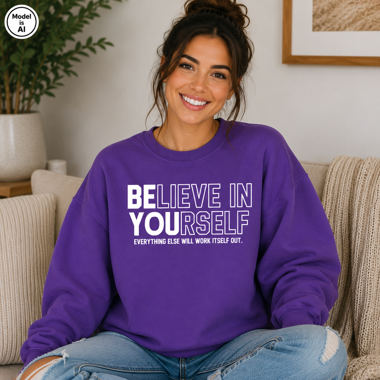 A woman sitting on a beige couch wearing a purple crewneck sweatshirt with the text 'BELIEVE IN YOURSELF' and 'EVERYTHING ELSE WILL WORK ITSELF OUT.' in white.