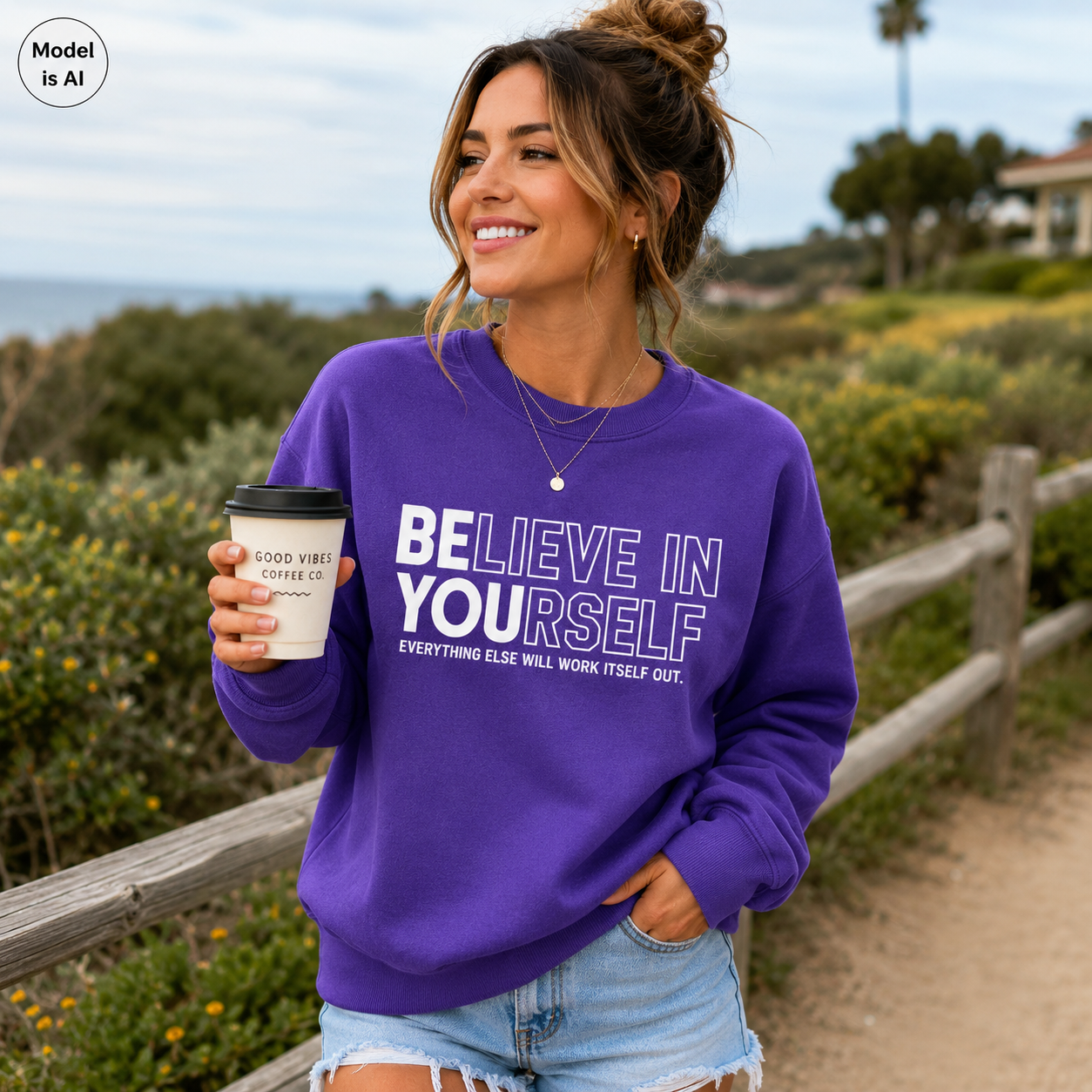 A woman outdoors wearing a purple crewneck sweatshirt with the text 'BELIEVE IN YOURSELF' in white, holding a coffee cup. The background shows a blurred coastal path with greenery and ocean.