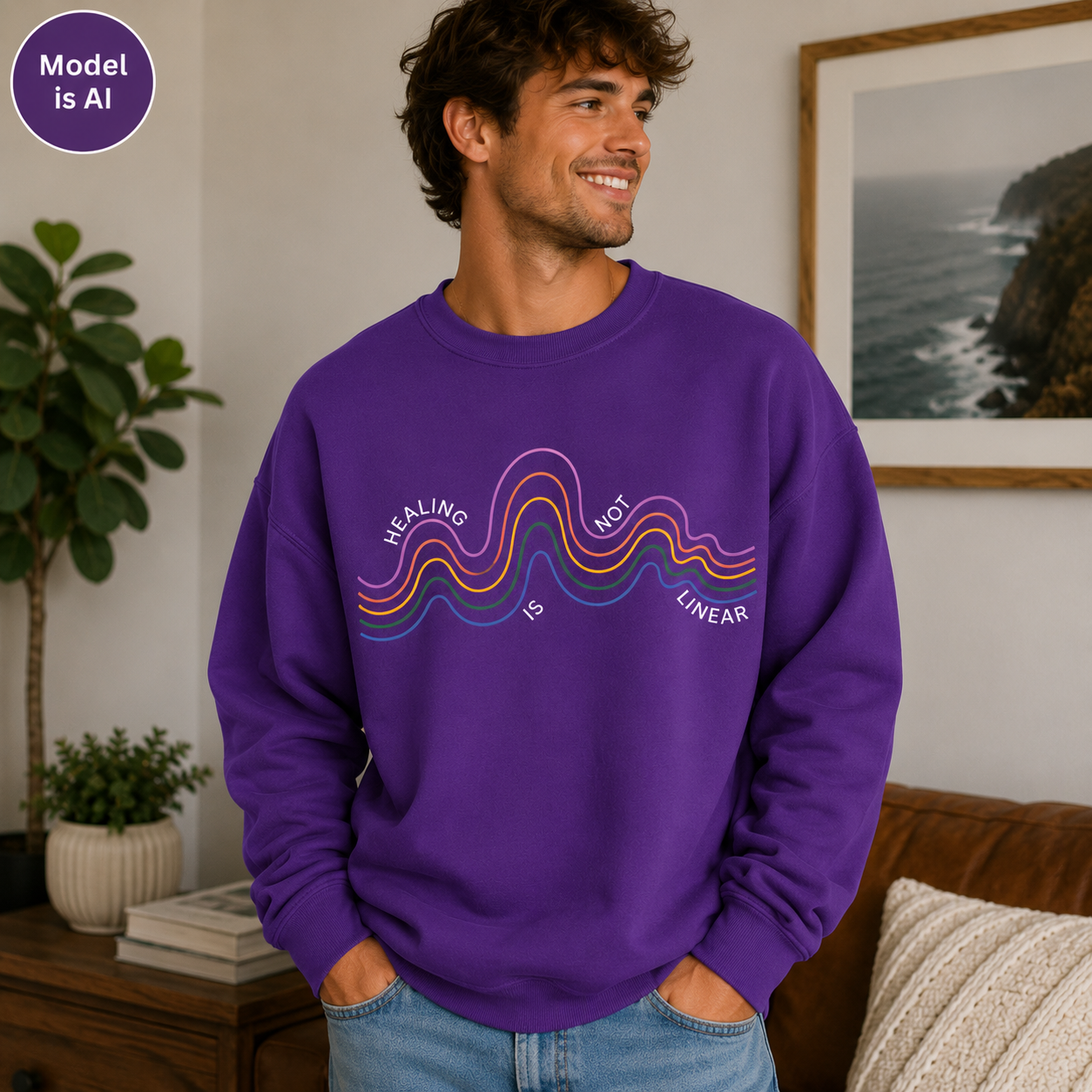 A man wearing a purple crewneck sweatshirt with a colorful graphic that reads 'HEALING IS NOT LINEAR' in white text over wavy multicolor lines. The photo is taken in a cozy indoor setting with a plant, books, and a framed picture in the background.