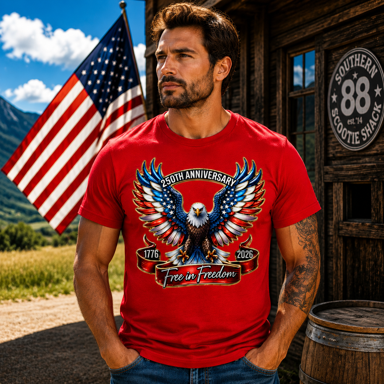 Man wearing a red t-shirt with an eagle design in front of a wooden building and American flag.