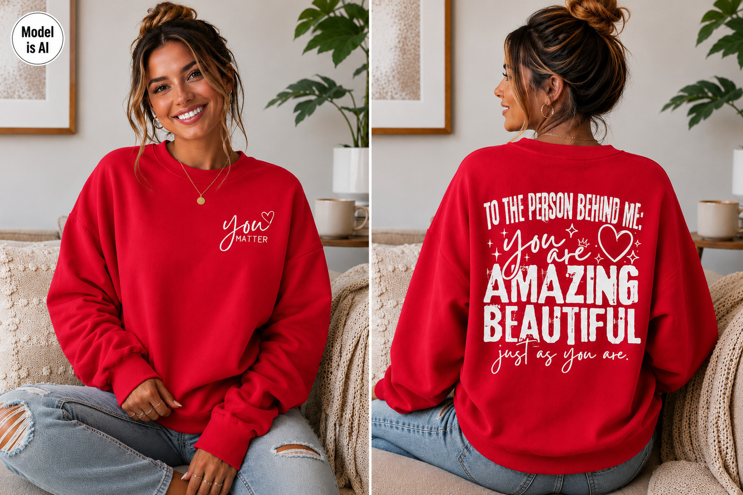 A split-view lifestyle image showing a woman seated indoors wearing a bright red sweatshirt. The left side shows the front of the sweatshirt with white script text reading 'You Just Got Out', and the right side shows the back with large white text reading 'TO THE PERSON BEHIND ME you are AMAZING BEAUTIFUL just as you are.
