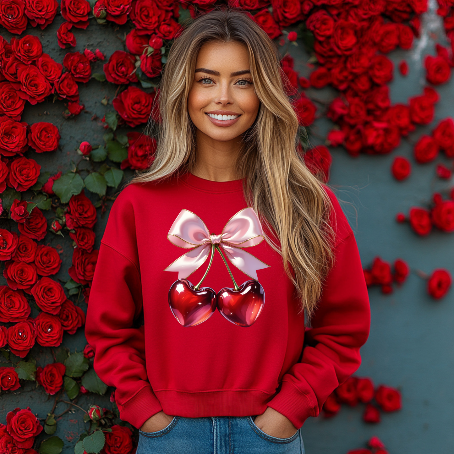Sweetheart Cherries Bow Valentine Crewneck