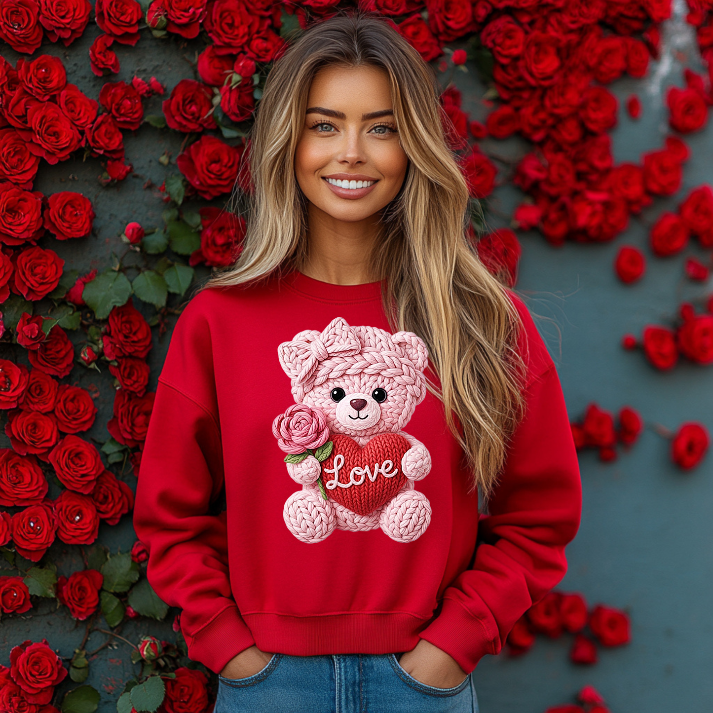 Valentine's Day Teddy Bear Sweatshirt - Knit Love Design