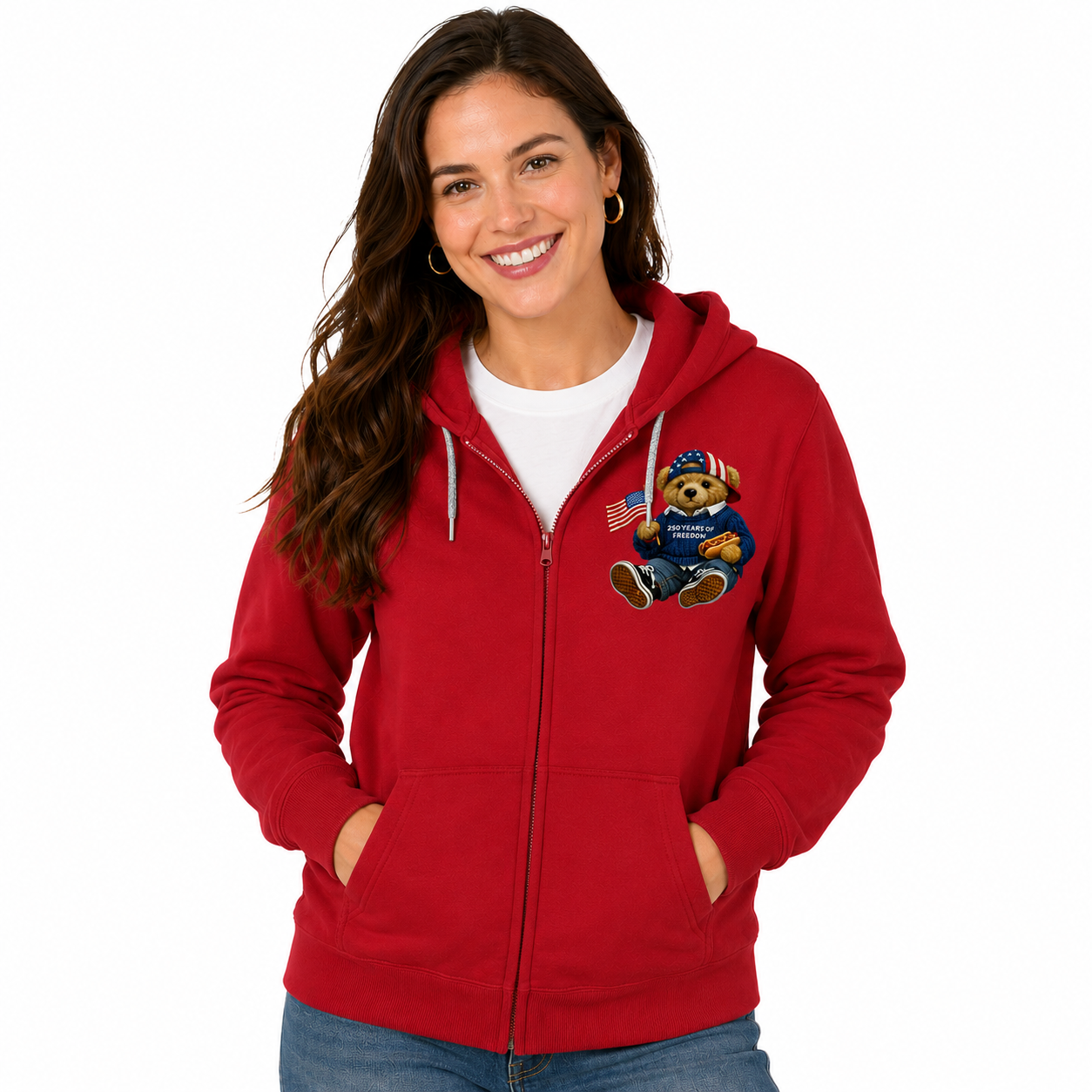 Woman wearing a red hoodie with a bear graphic on a white background