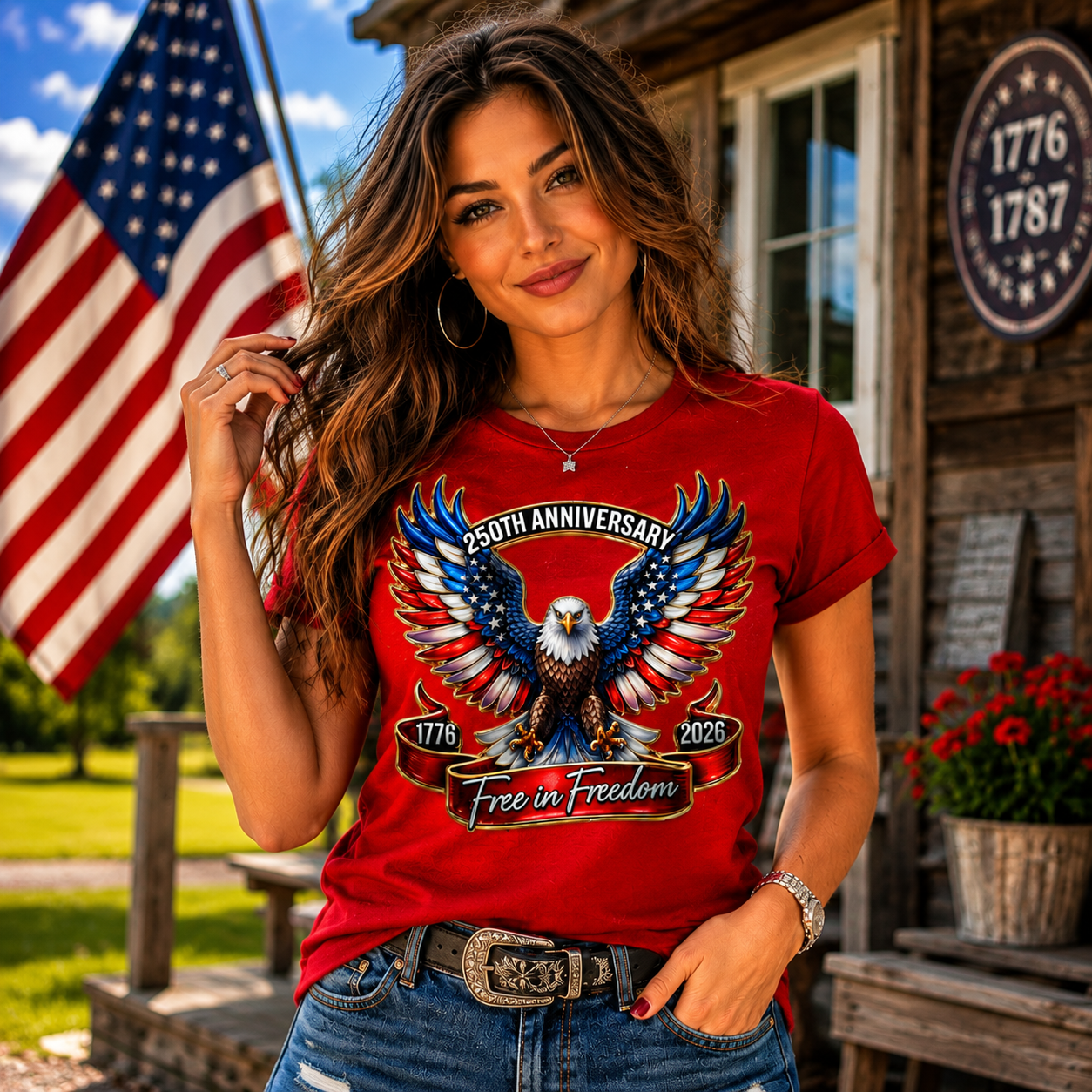 Woman wearing a red t-shirt with an eagle design in front of a wooden building with an American flag.