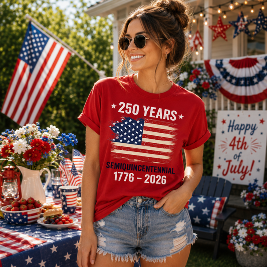 Woman wearing a red t-shirt with 4th of July text and decorations in the background. The Scoobie Shack.