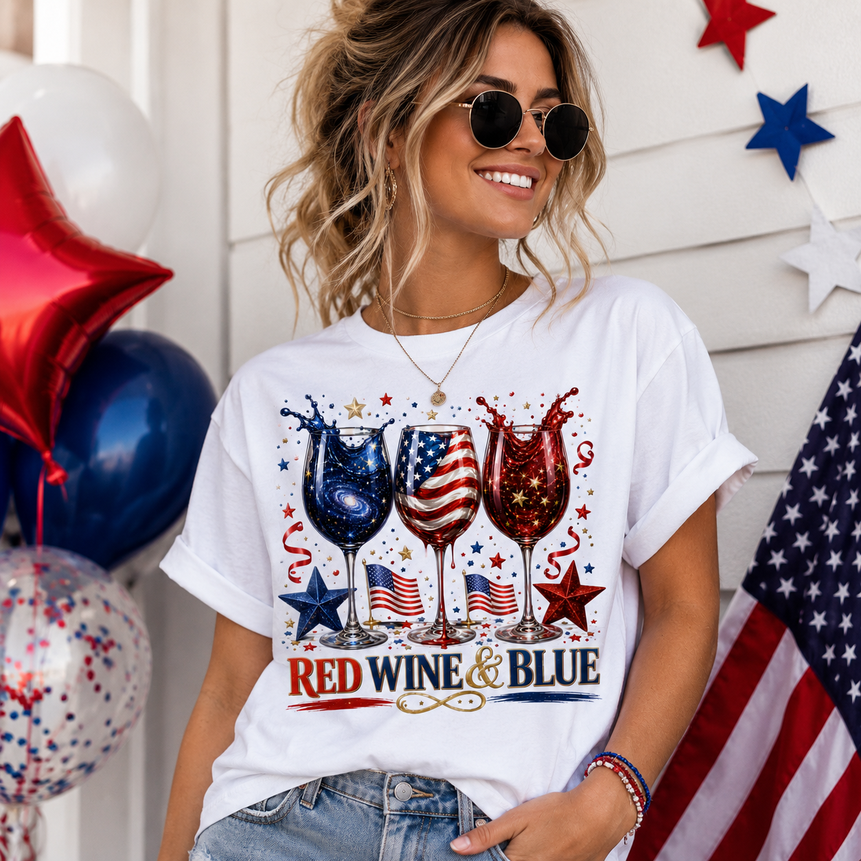Woman wearing a white t-shirt with red, white, and blue wine glass design and 'Red Wine & Blue' text, standing in front of American flags and balloons.