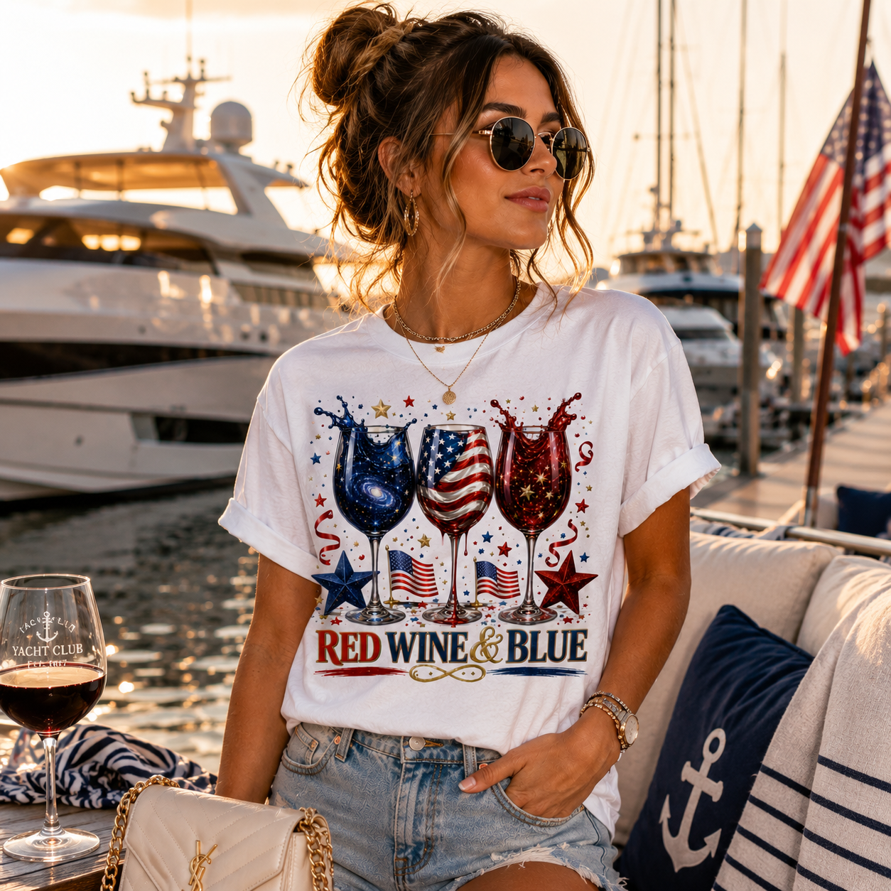 Woman wearing a 'Red Wine & Blue' t-shirt by a marina with boats and an American flag in the background.