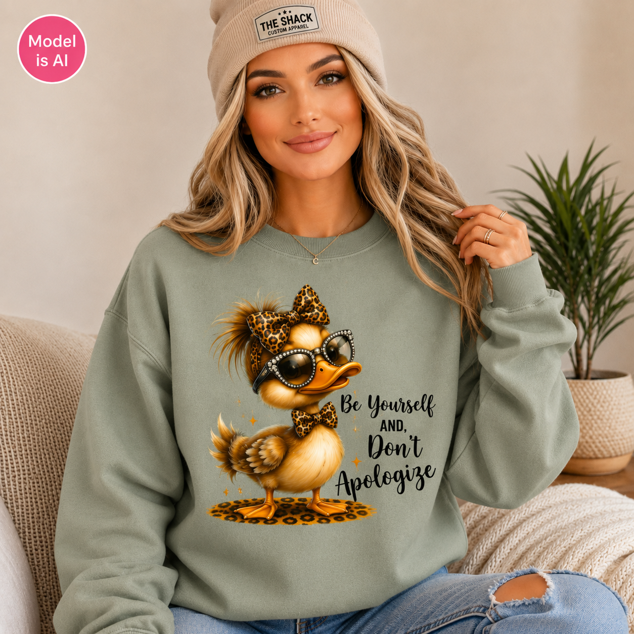 A woman wearing a sage green sweatshirt with a graphic of a duck wearing leopard-print sunglasses and bow tie, next to the text 'Be Yourself And, Don't Apologize'. She is wearing a beige beanie with 'THE SHACK' brand logo.