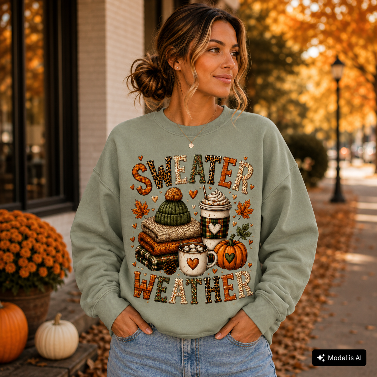 Sage Sweater Weather sweatshirt with cozy fall graphic featuring sweaters, coffee drinks, pumpkin and autumn leaves