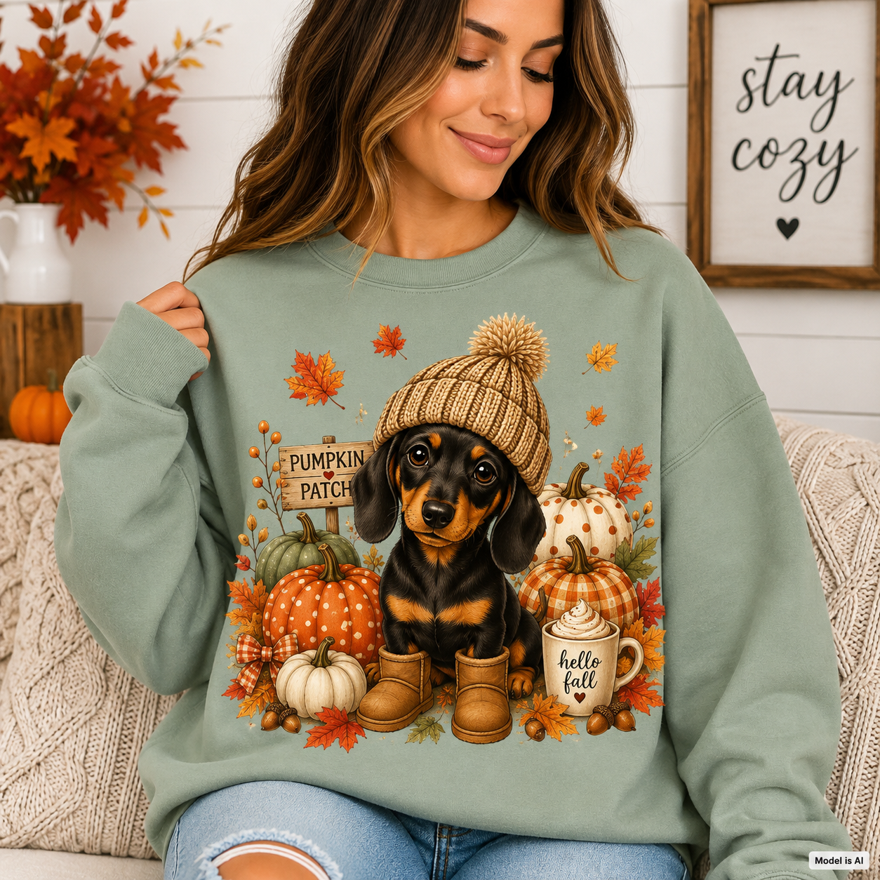 Woman wearing a Sage Fall Dachshund Sweatshirt featuring a dachshund in a knit hat and boots with pumpkins and colorful autumn leaves.