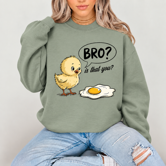 Model wearing Sage Bro is that you sweatshirt with chick and egg graphic
