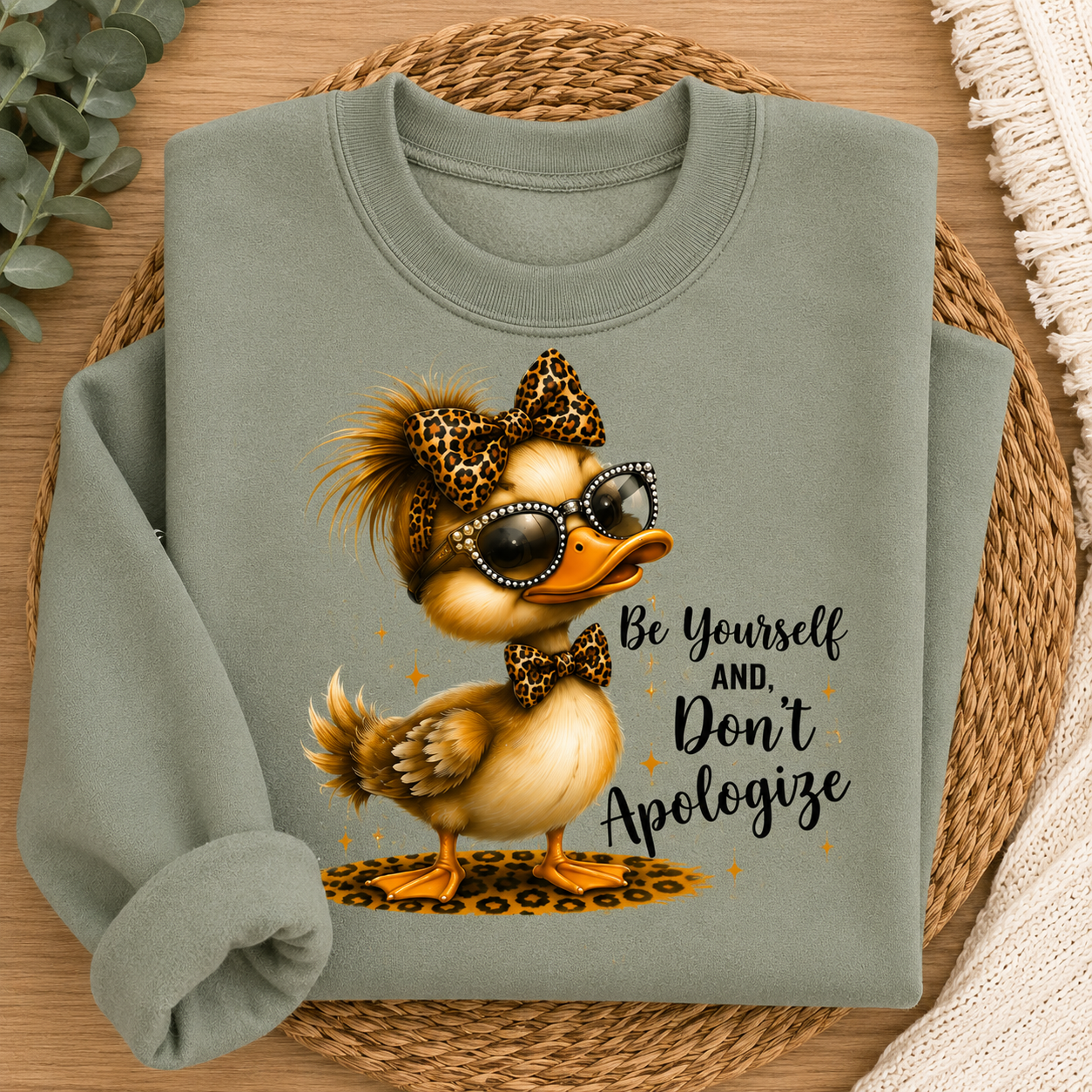 A sage green crewneck sweatshirt laid flat on a woven placemat, featuring a cartoon duck wearing leopard-print sunglasses, sunglasses, and a bow tie, with the text 'Be Yourself AND, Don't Apologize'.