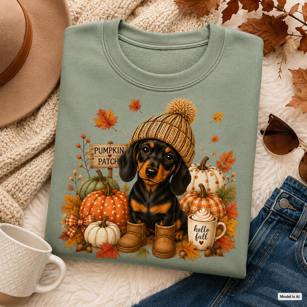 Folded Sage Fall Dachshund Sweatshirt featuring a pumpkin patch dachshund with pumpkins, autumn leaves, boots, and a hello fall mug.