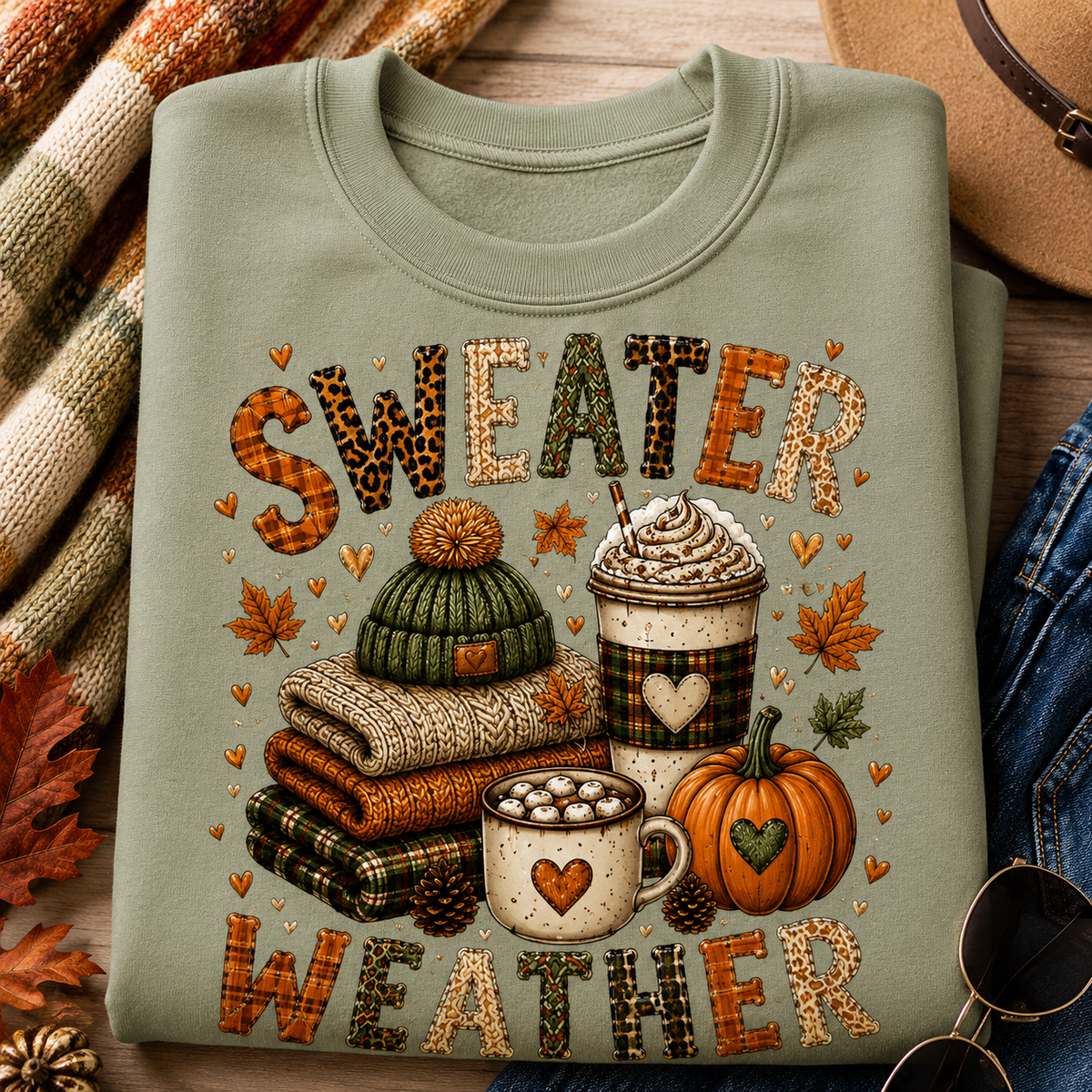 Folded sage Sweater Weather sweatshirt with cozy fall graphic featuring sweaters, coffee drinks, pumpkin and autumn leaves