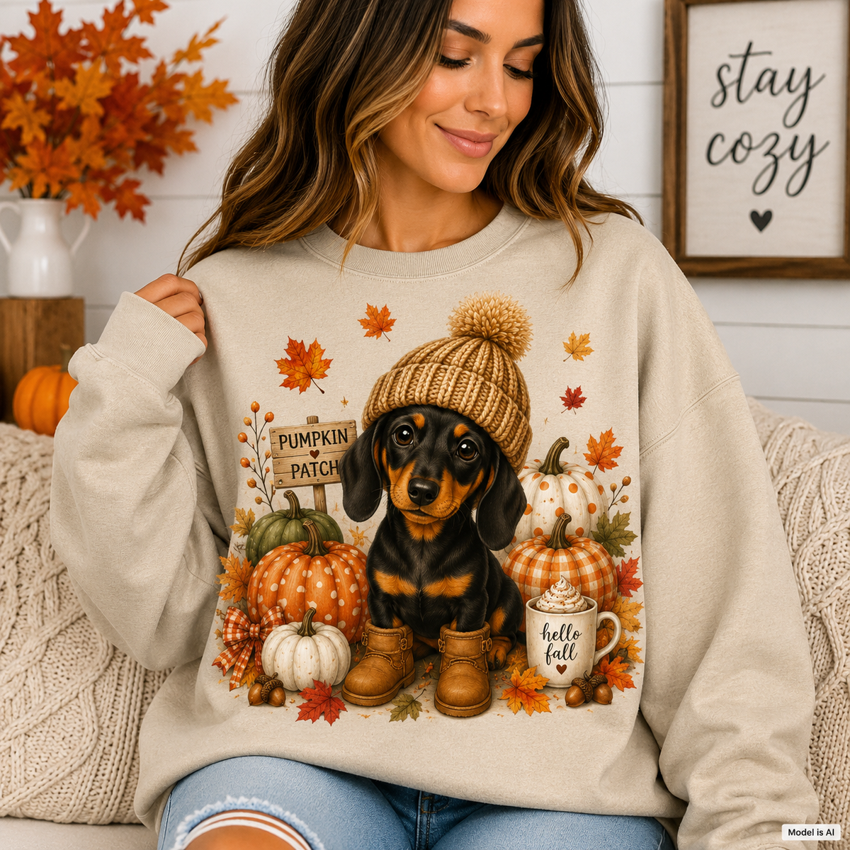 Woman wearing a sand Fall Dachshund Sweatshirt with a pumpkin patch dog graphic featuring pumpkins, autumn leaves, and a cozy dachshund.