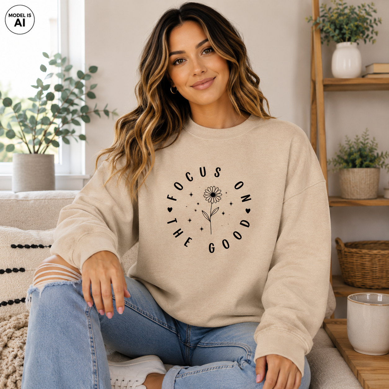 A woman sitting in a cozy living room setting wearing a beige crewneck sweatshirt with a black graphic that reads 'FOCUS ON THE GOOD' around a daisy flower. The image has a 'Model AI' badge in the top-left corner.