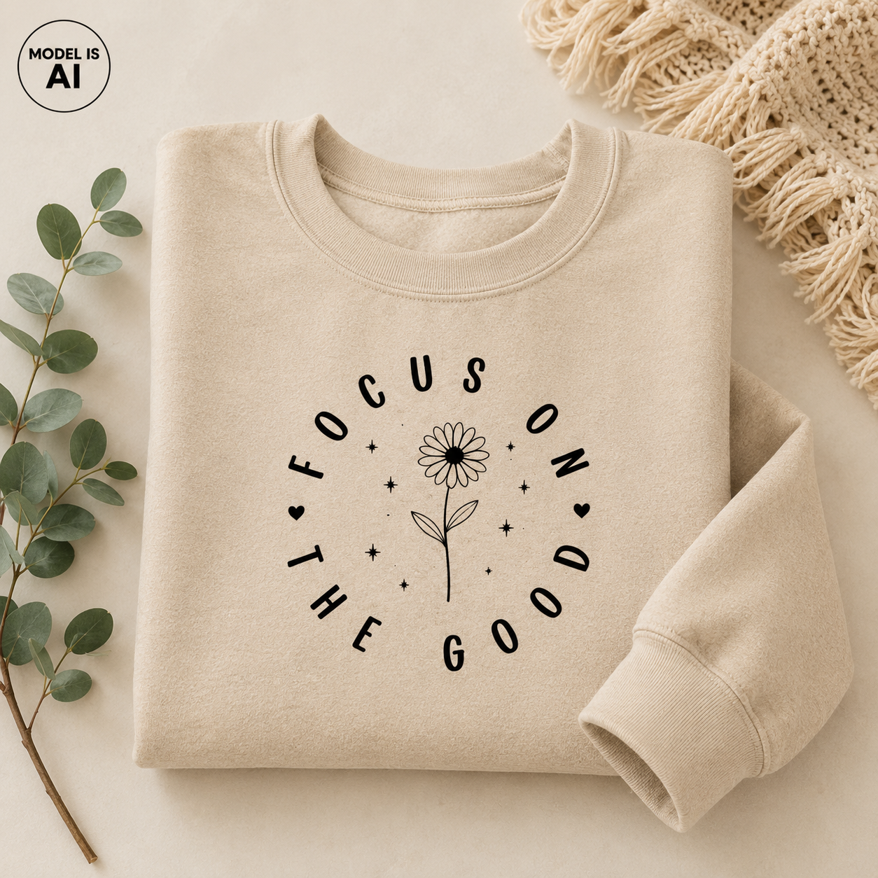 A folded beige crewneck sweatshirt with a black graphic print reading 'FOCUS ON THE GOOD' around a flower, styled on a light beige surface with eucalyptus leaves and a cream knit blanket. A 'MODEL IS AI' badge is in the top-left corner.