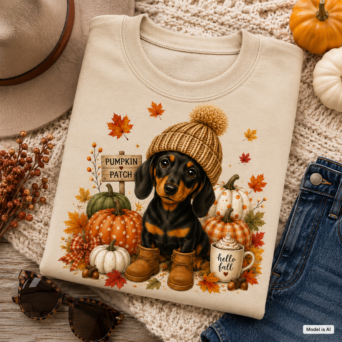 Folded sand Fall Dachshund Sweatshirt with a dachshund in a knit hat and boots surrounded by pumpkins and colorful autumn leaves.