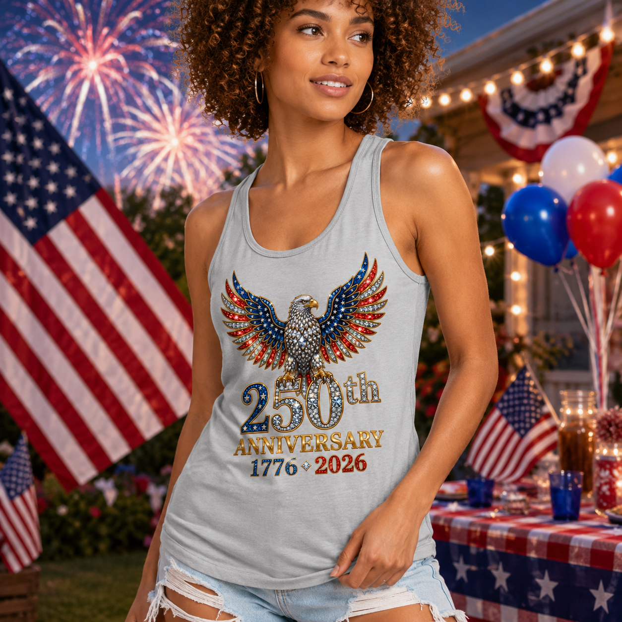 Woman wearing a tank top with 250th Anniversary design in front of American flags and fireworks. Made by The Scoobie Shack