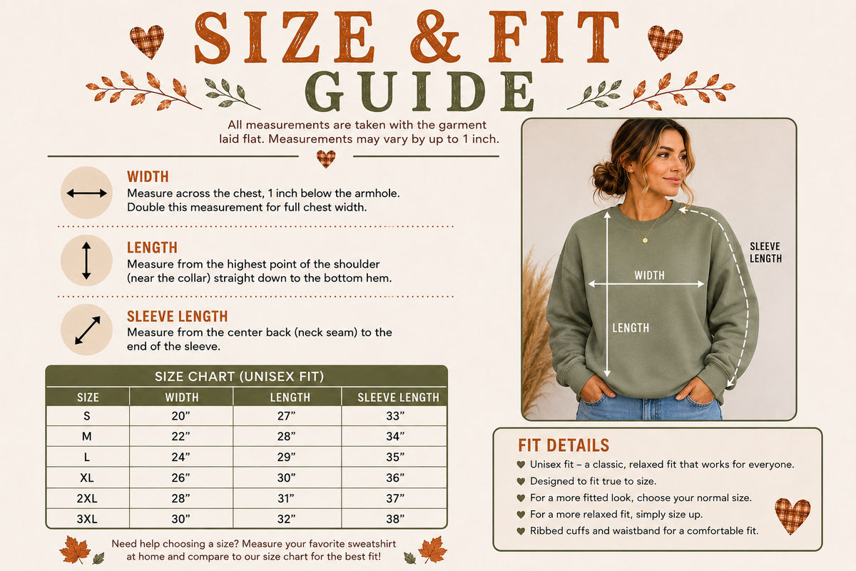 Sweater Weather sweatshirt size and fit guide with unisex measurements for sizes S through 3XL
