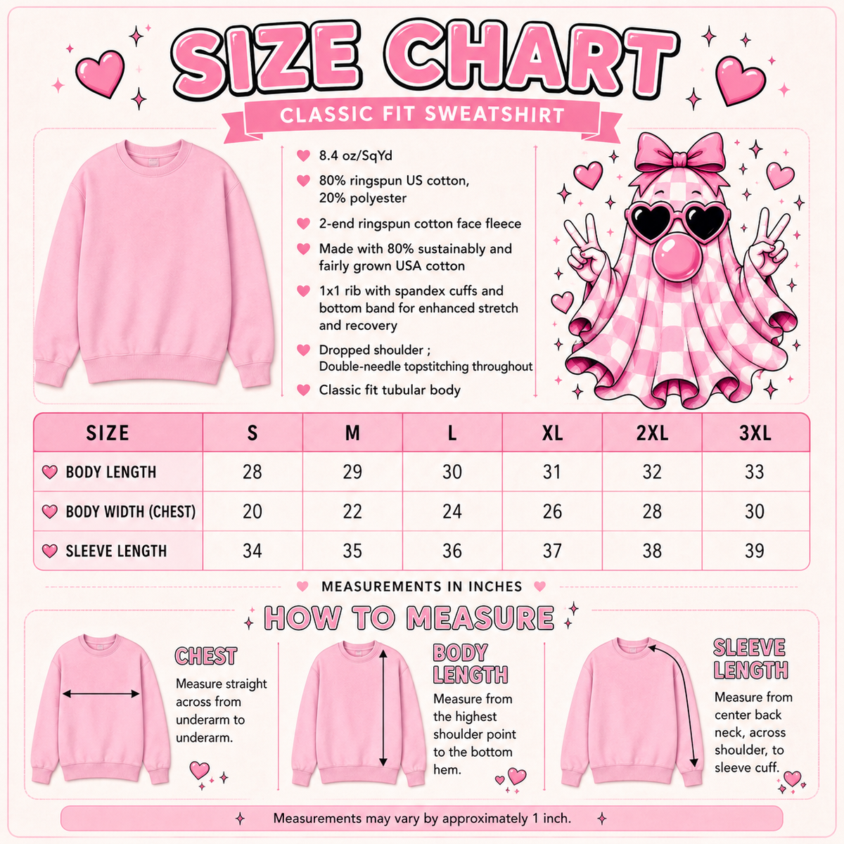 Pink sweatshirt size chart for a classic fit unisex crewneck with measurements from S to 3XL, fabric features, and instructions for measuring chest, body length, and sleeve length.