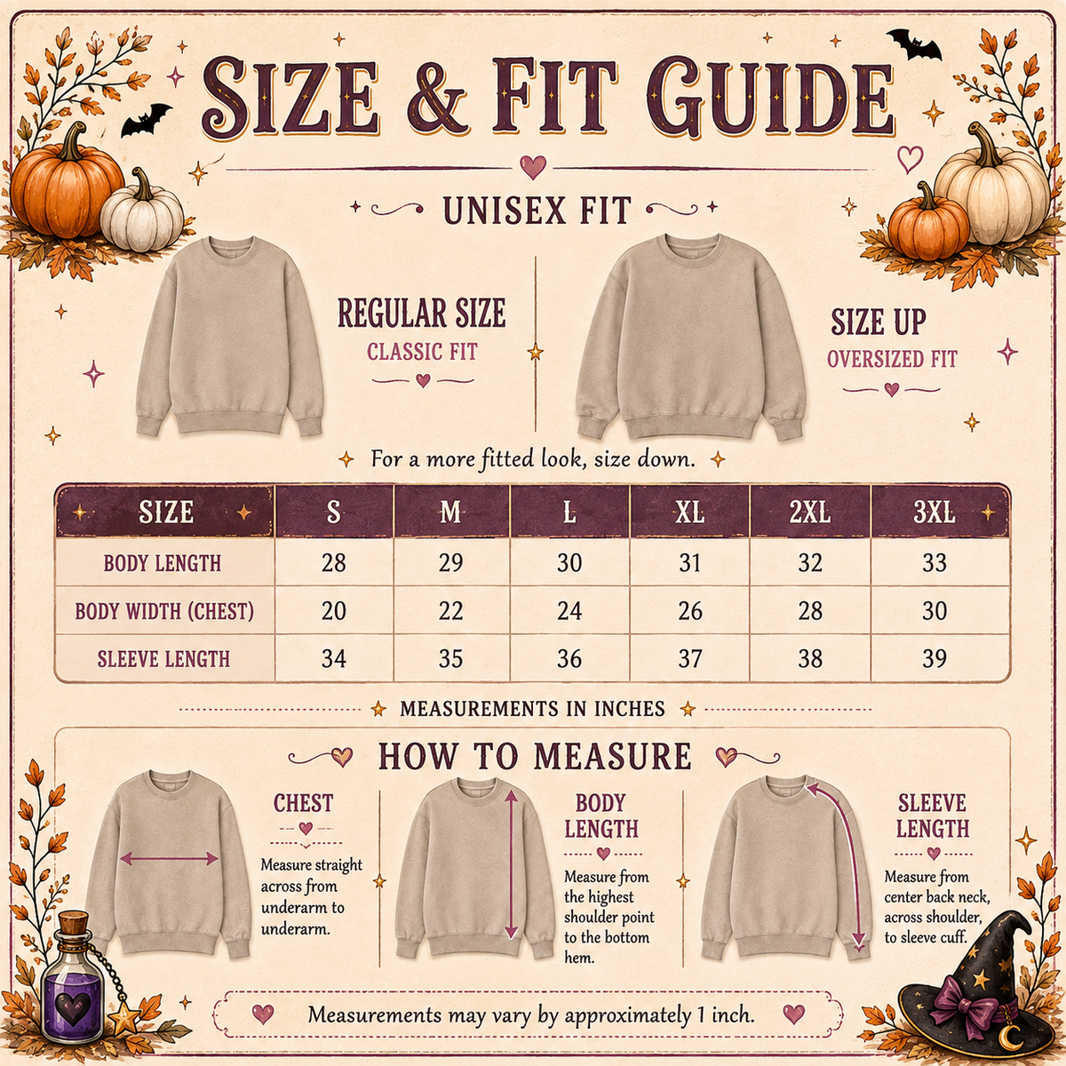 Halloween sweatshirt size and fit guide with unisex sizing from S to 3XL, body length, chest width and sleeve measurements, plus classic, oversized and measuring guidance.
