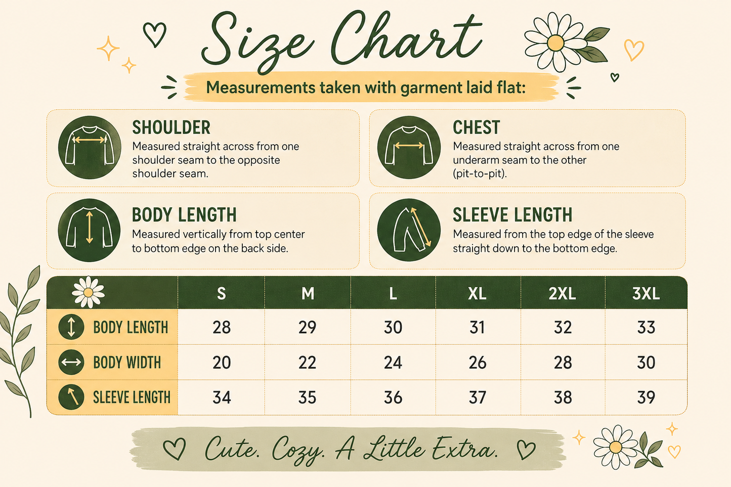 A size chart graphic for apparel with labeled measurement instructions for shoulder, chest, body length, and sleeve length, plus a size table from S to 3XL on a cream background with floral doodles.